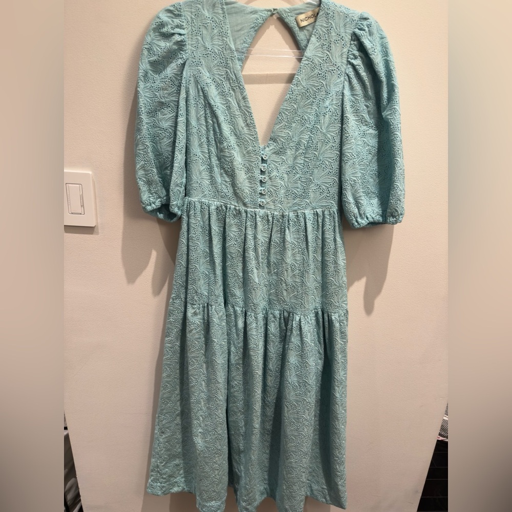 NICHOLAS Celie Featherington Eyelet Puff Sleeve Turquoise Midi Dress Size US 6